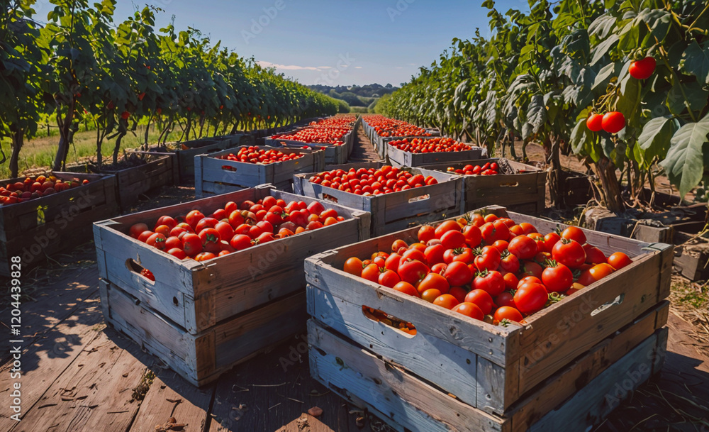 Fototapete A row of wooden crates filled with ripe tomatoes. The crates are stacked on top of each other, and the tomatoes are spread out in various sizes and positions. Concept of abundance and freshness