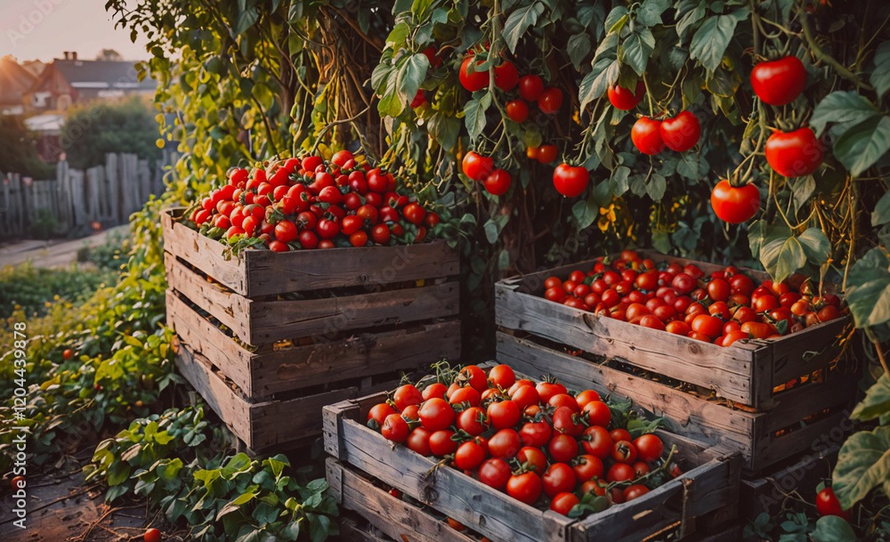 Poster Three wooden crates filled with ripe red tomatoes. The crates are placed in a garden setting, with the tomatoes hanging from the vines. Concept of abundance and freshness, as the ripe tomatoes are