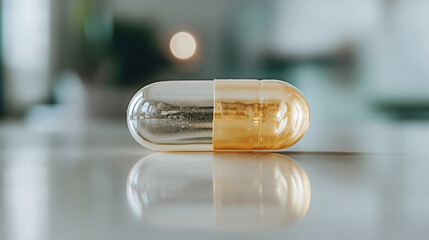 Macro shot of a single translucent golden capsule