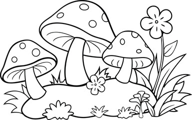 Botanical Flowering Plant and Mushroom Line Art Design for Book Covers