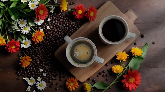 a cup of hot coffee on a dang flower table, video background 