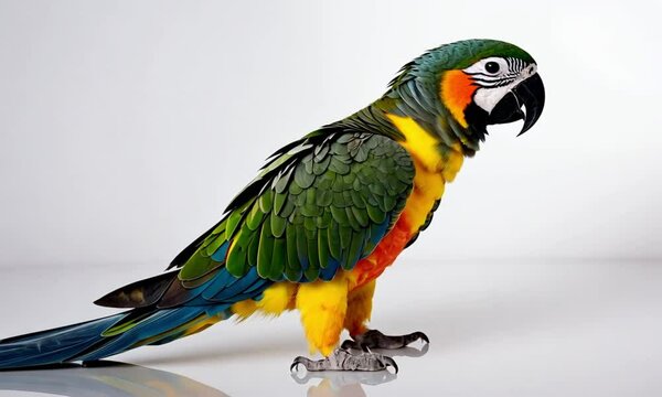 Green and yellow macaw isolated on white background. Macaw bird In animal captivity. Macaw is fluffing up his feathers and looking at the camera. portrait of a blue and yellow Macaw Parrot sitting. 