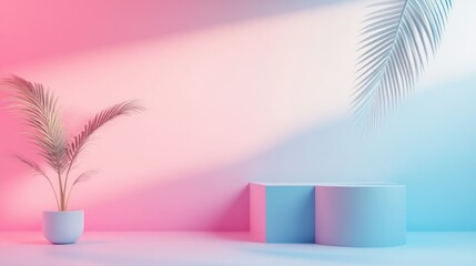 Obraz premium Pastel pink and blue room with plant and podium.