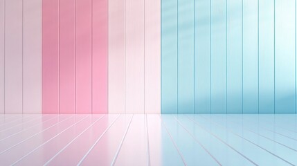 Pastel pink and blue wood panel wall background with reflective floor.