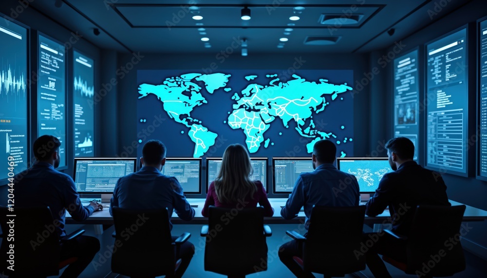 Fototapete Tech team monitors global network activity. Security analysts work in high-tech office. Coordinate response to possible cyber threats. Global network map visible on large screen. Many computer