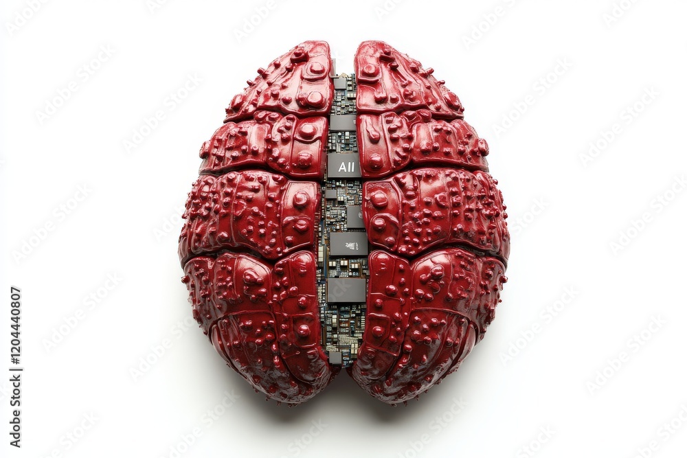Poster depiction of a biomechanical red brain with intricate cybernetic details and segmented textures, sym