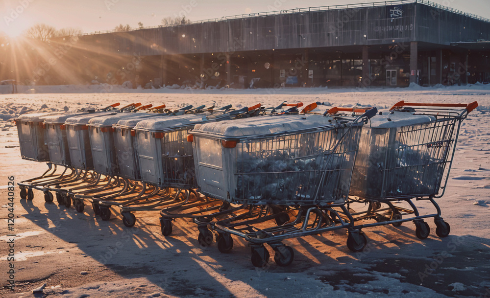 Aufkleber A row of shopping carts are lined up in front of a building. The carts are empty and covered in snow