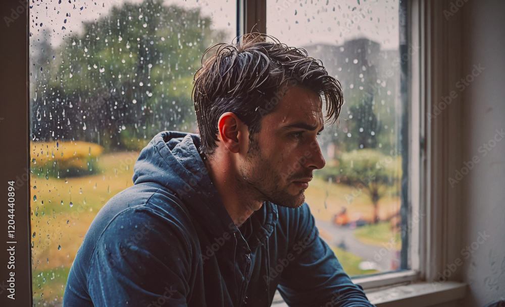 Poster A man is sitting in front of a window with raindrops on it. He is wearing a blue hoodie and looking out the window. Scene is sad and contemplative