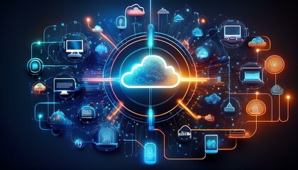Obraz premium A stylized graphic of a cloud computing concept with connected devices, icons, and glowing lines, symbolizing data transfer and digital connectivity.