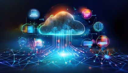 A stylized graphic of a cloud computing concept with connected devices, icons, and glowing lines, symbolizing data transfer and digital connectivity.