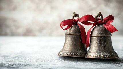 Two bronze bells with red ribbons on snowy surface, rustic background.