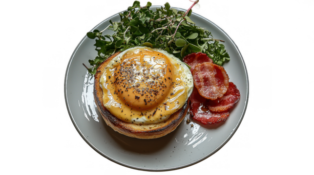 A delightful breakfast featuring a perfectly poached egg on a toasted base, accompanied by crispy bacon and fresh greens, showcasing a fusion of flavors.