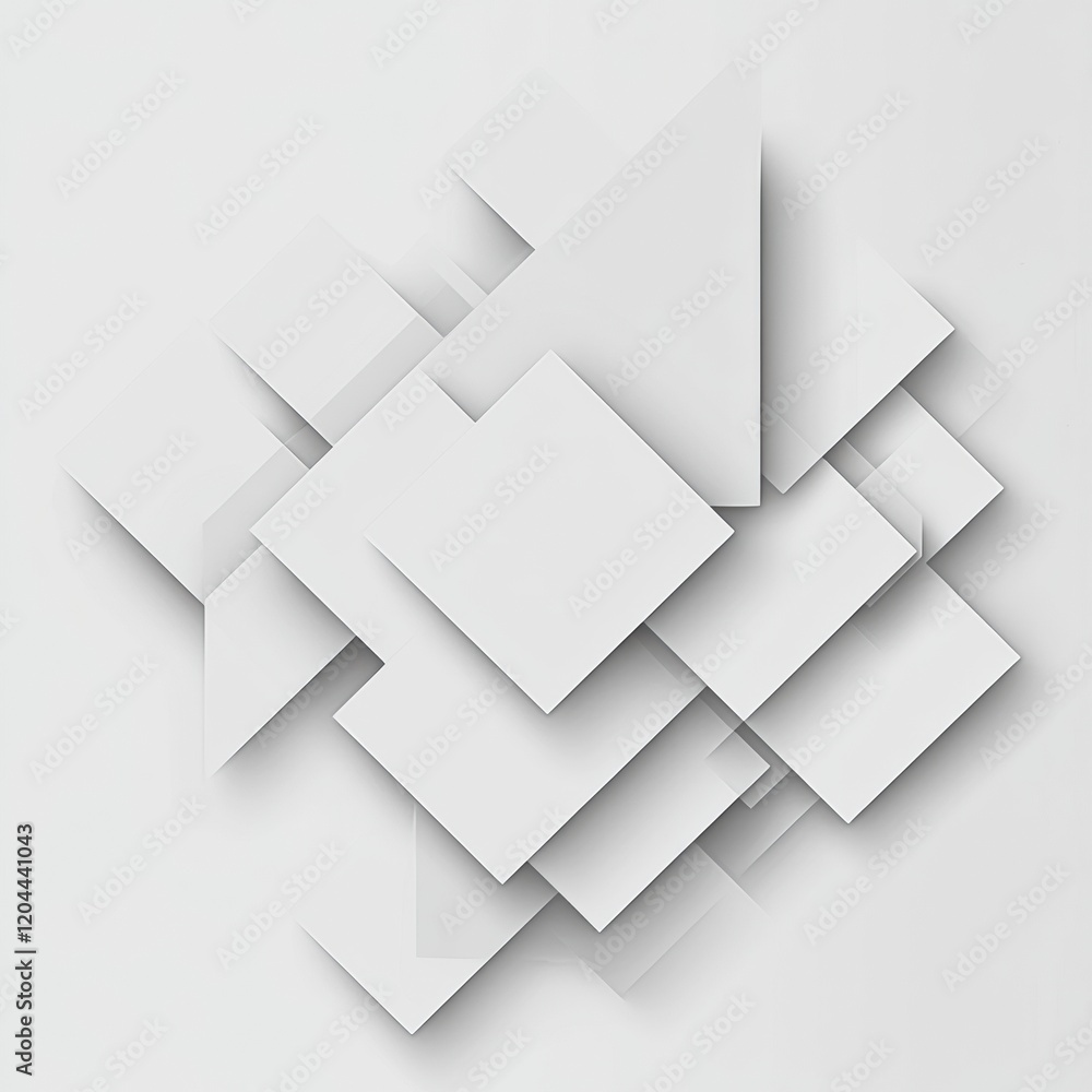 Poster modern abstract composition of layered geometric shapes in white and gray tones with soft shadows fo