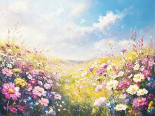 Obraz premium Vibrant wildflower landscape blooming under a blue sky in a serene natural setting