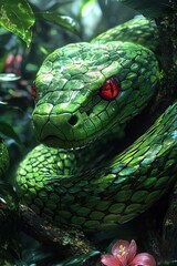 Fototapeta premium Vibrant green snake with striking red eyes coiled on a branch