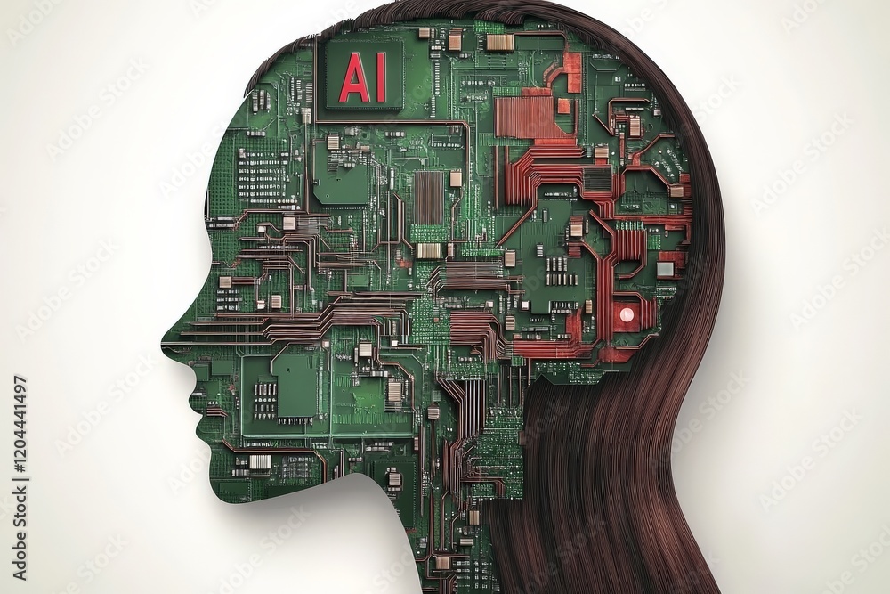 Aufkleber profile of a human head with green digital circuits symbolizing artificial intelligence, neural netw