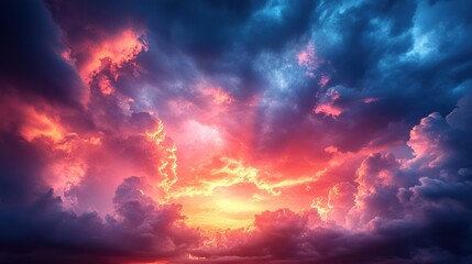 Fototapeta premium Dramatic sunset over a vibrant sky filled with colorful clouds, creating a serene atmosphere