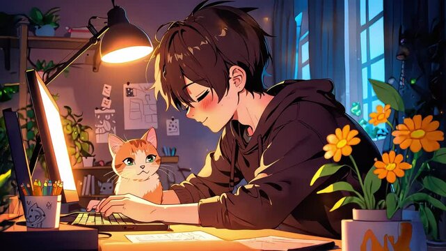 LOFI student, doing homework in a cozy room with her cat, lofi video