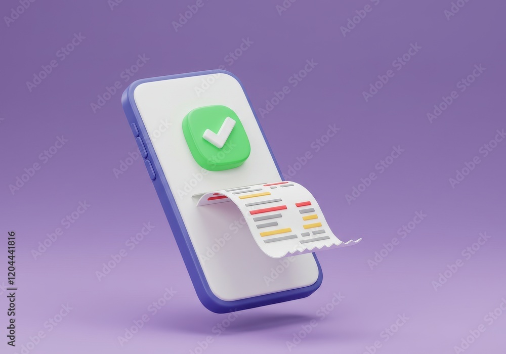 Poster a 3d illustration of a smartphone with a green checkmark icon on the screen ejecting a printed recei
