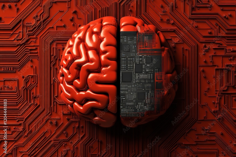 Poster vibrant red brain fused with a circuit board design, showcasing the seamless integration of technolo