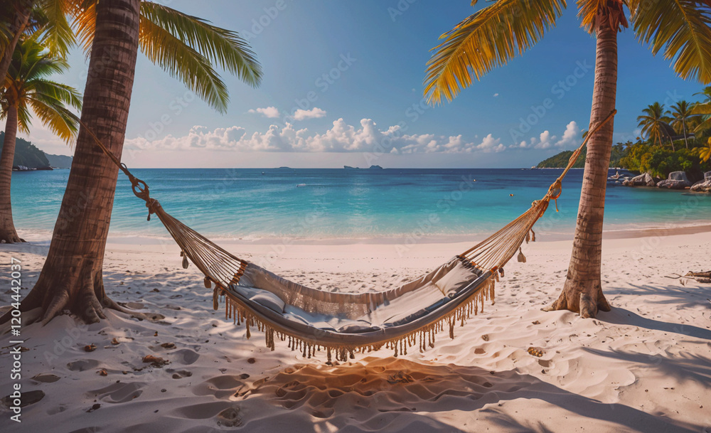 Aufkleber A hammock is hanging between two palm trees on a beach. The hammock is blue and white and is suspended over the ocean. The scene is peaceful and relaxing, with the sound of the waves in the background