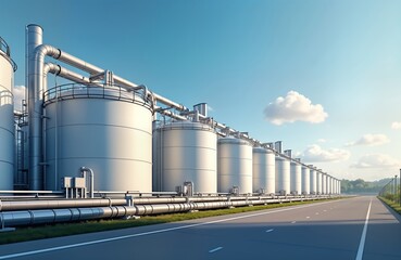 Industrial tank farm with many large storage tanks. Piping system transports refined products. Modern energy infrastructure. Outdoor landscape includes road, green plants. Sunny day. Commercial