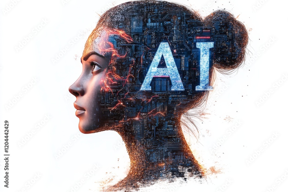Poster Digital profile of a woman’s head with glowing “AI” text and abstract neural network patterns, representing artificial intelligence, creativity, and futuristic thinking