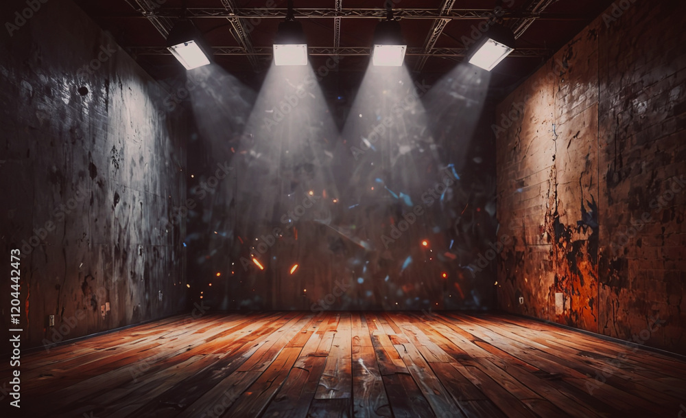 Aufkleber a dark room with a wooden floor and four lights shining on it. the room is empty and has a mysteriou