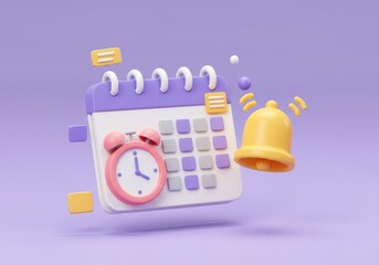 A 3D illustration of a white and purple calendar featuring a pink clock and a yellow ringing bell