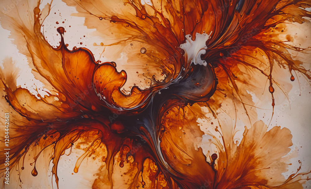 Poster a painting of a flower with a splash of orange and black. the painting has a lot of energy and movem