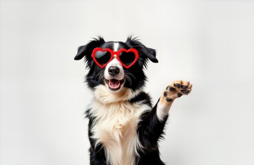 Cute border collie puppy wearing red heart-shaped glasses waves paw. Dog looks happy, playful. Valentines Day concept. Isolated on white background. Perfect for postcard social media. Funny animal