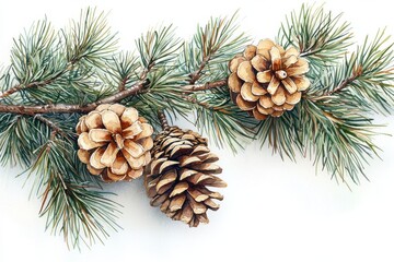 Upside down pine tree branch with detailed pine cones illustration