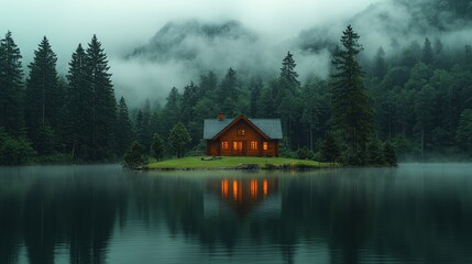 Fototapeta premium Tranquil lakeside cabin illuminated at dusk, surrounded by misty mountains and lush forests