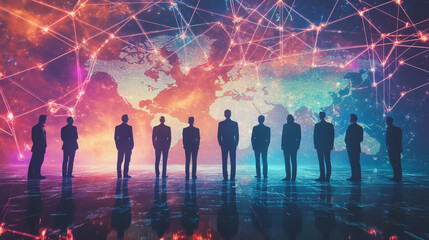 Obraz premium abstract professional business team people innovation connection of line from nail node to node on map background , networking concept