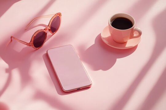 Modern minimalist flat lay with smartphone coffee and sunglasses on pink surface