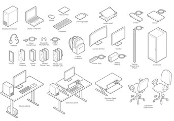 Isometric technical illustration of various IT office equipment.