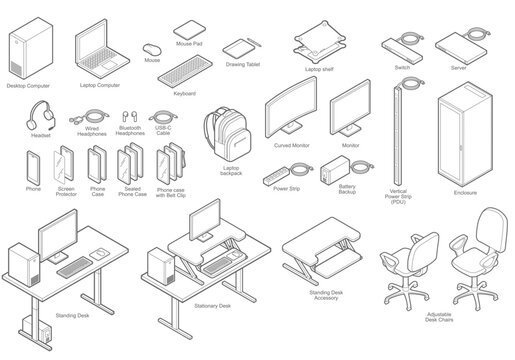 Isometric technical illustration of various IT office equipment.