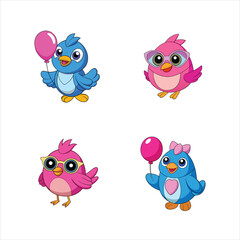  Cartoon Bird with Pink Balloon Vector on White Background