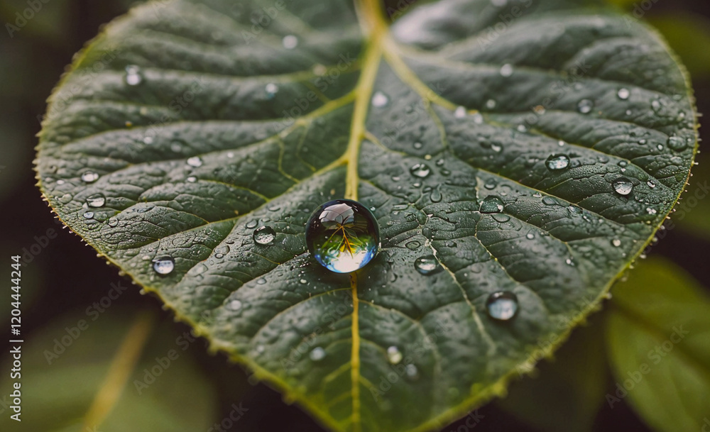 Poster a leaf with a drop of water on it. the water droplet is reflecting the light and creating a beautifu