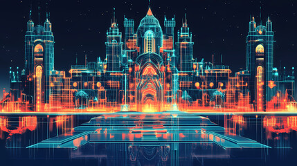 Obraz premium Cybernetic crystal palace illustration. Cyber Palace. Illustration