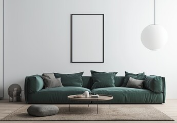 Empty white rectangular frame mockup on the wall of a minimalist living room with a modern green sofa, round coffee table, and pendant light.