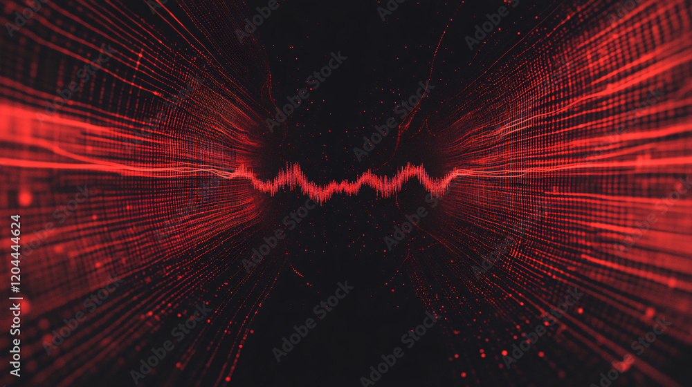 Poster a futuristic digital waveform in glowing red tones stretching into the distance against a black back