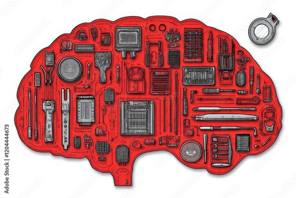 Poster red ai powered brain constructed from microchips, transistors, and intricate tech patterns, symboliz