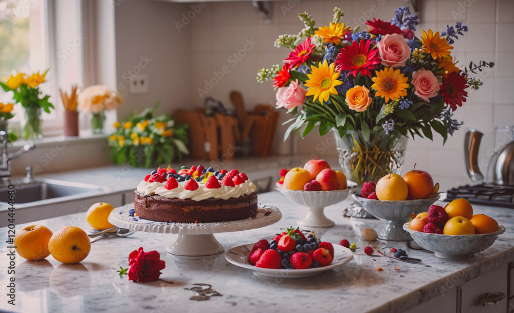 Poster a table is covered with a variety of fruits and a cake. the fruits include apples, oranges, and stra