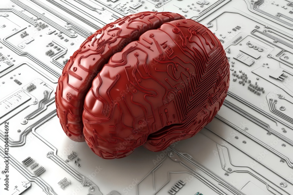 Poster Hyper detailed red brain sculpture resting on a white circuit board, blending anatomical realism and technological innovation, representing AI driven neural systems and cognitive engineering