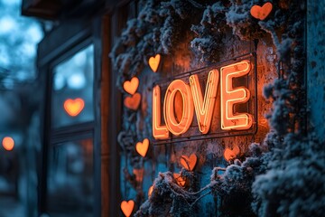 Warm glowing neon sign with the word "love" surrounded by festive decorations and illuminated heart shapes, creating a romantic winter evening ambiance