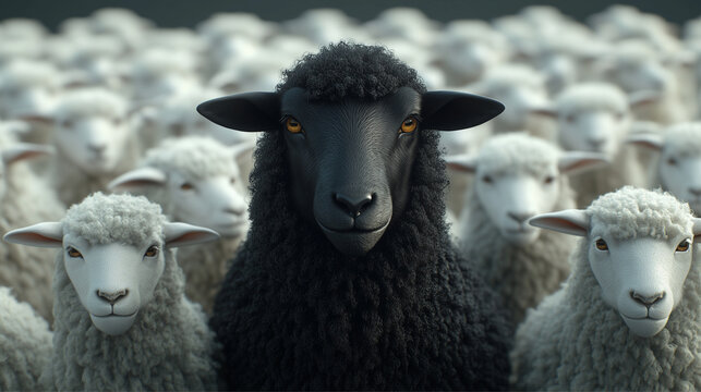 A lone dark figure, stands apart from the many white flock.