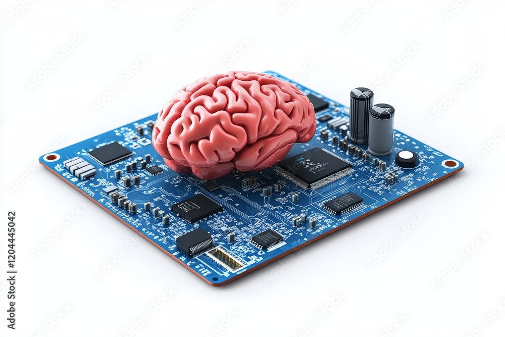 Poster high tech brain resting on a blue motherboard, surrounded by circuitry, symbolizing neural engineeri