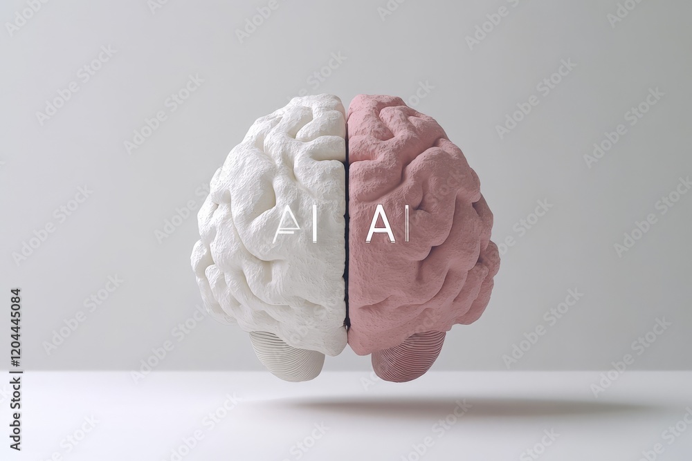 Poster Dual colored split brain with white and red hemispheres labeled AI, symbolizing the integration of logic and creativity through artificial intelligence in conceptual design