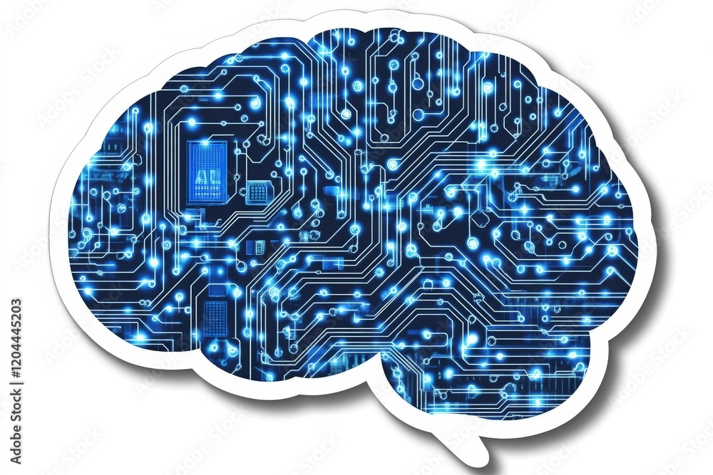 Poster Vibrant blue digital brain with glowing circuit pathways and AI integration representing neural networks, advanced computing, and futuristic technology concepts